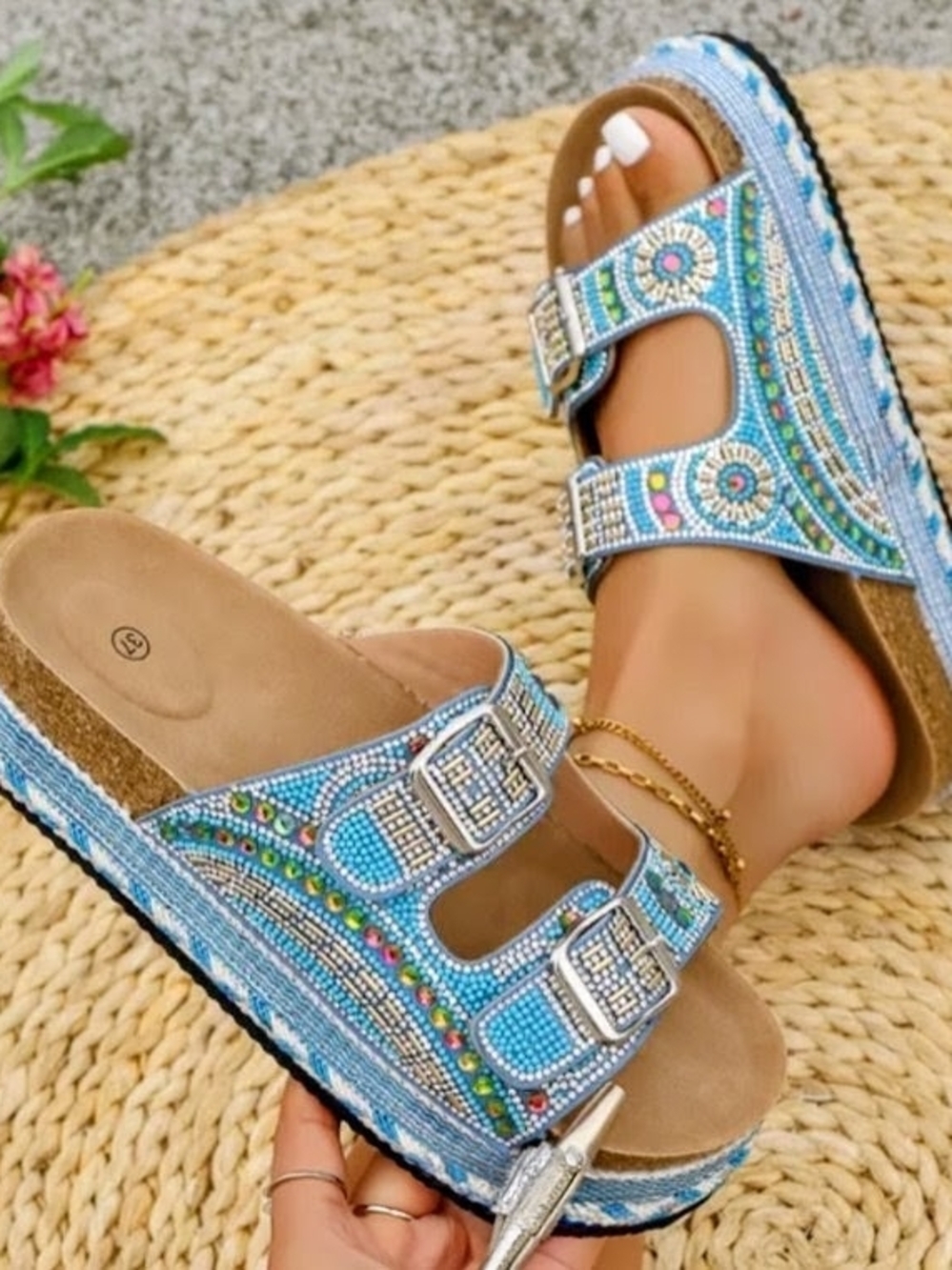 Beaded Blue Double-Buckle Women's Sandals